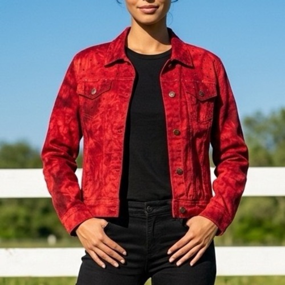 H&J Tie Dye Trucker Jacket Women M Red Rhinestone Embellished Bold Edgy Glam Y2K